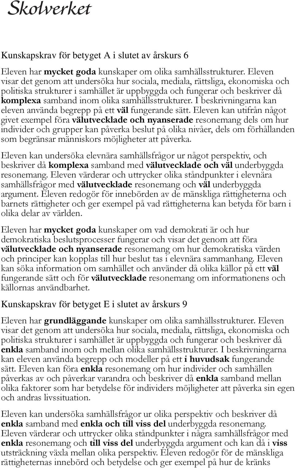 samhällsstrukturer. I beskrivningarna kan eleven använda begrepp på ett väl fungerande sätt.