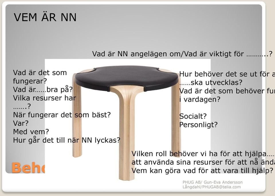 Hur behöver det se ut för a ska utvecklas? Vad är det som behöver fun i vardagen? Socialt? Personligt?