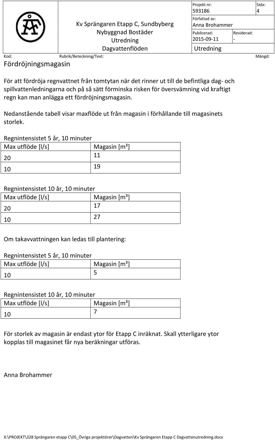 Nedanstående tabell visar maxflöde ut från magasin i förhållande till magasinets storlek.