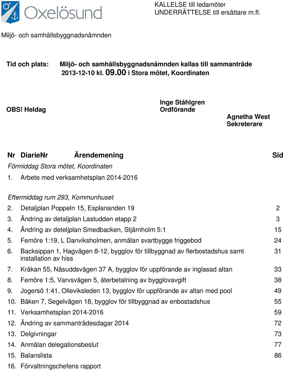 Arbete med verksamhetsplan 2014-2016 Eftermiddag rum 293, Kommunhuset 2. Detaljplan Poppeln 15, Esplananden 19 2 3. Ändring av detaljplan Lastudden etapp 2 3 4.