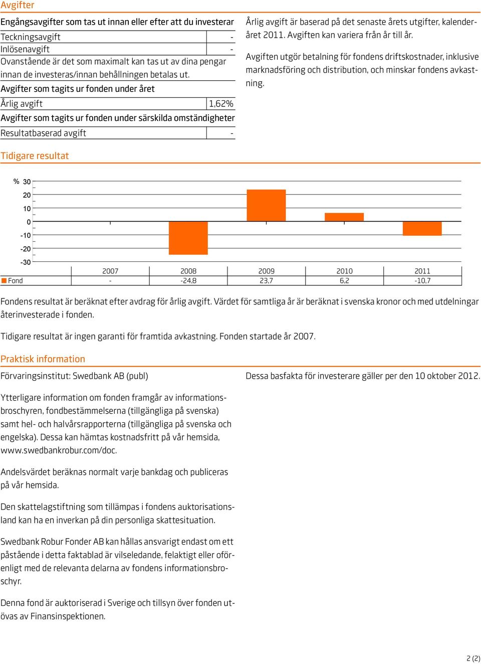 Avgifter som tagits ur fonden under året Årlig avgift 1,62% Avgifter som tagits ur fonden under särskilda omständigheter Resultatbaserad avgift - Årlig avgift är baserad på det senaste årets