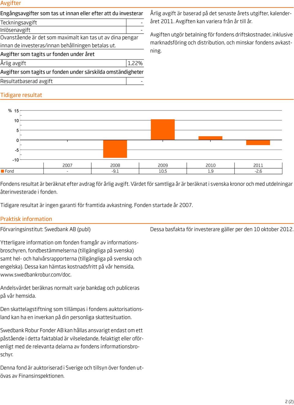 Avgifter som tagits ur fonden under året Årlig avgift 1,22% Avgifter som tagits ur fonden under särskilda omständigheter Resultatbaserad avgift - Årlig avgift är baserad på det senaste årets