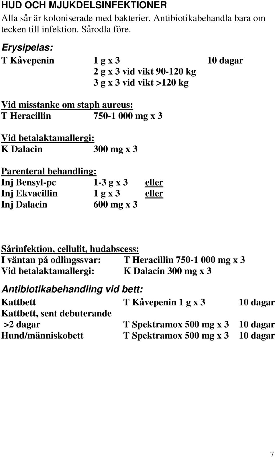 mg x 3 Parenteral behandling: Inj Bensyl-pc 1-3 g x 3 eller Inj Ekvacillin 1 g x 3 eller Inj Dalacin 600 mg x 3 Sårinfektion, cellulit, hudabscess: I väntan på odlingssvar: T Heracillin