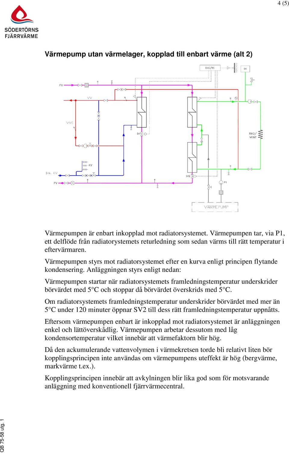 Värmepumpen styrs mot radiatorsystemet efter en kurva enligt principen flytande kondensering. Anläggningen styrs enligt nedan: börvärdet med 5 C och stoppar då börvärdet överskrids med 5 C.