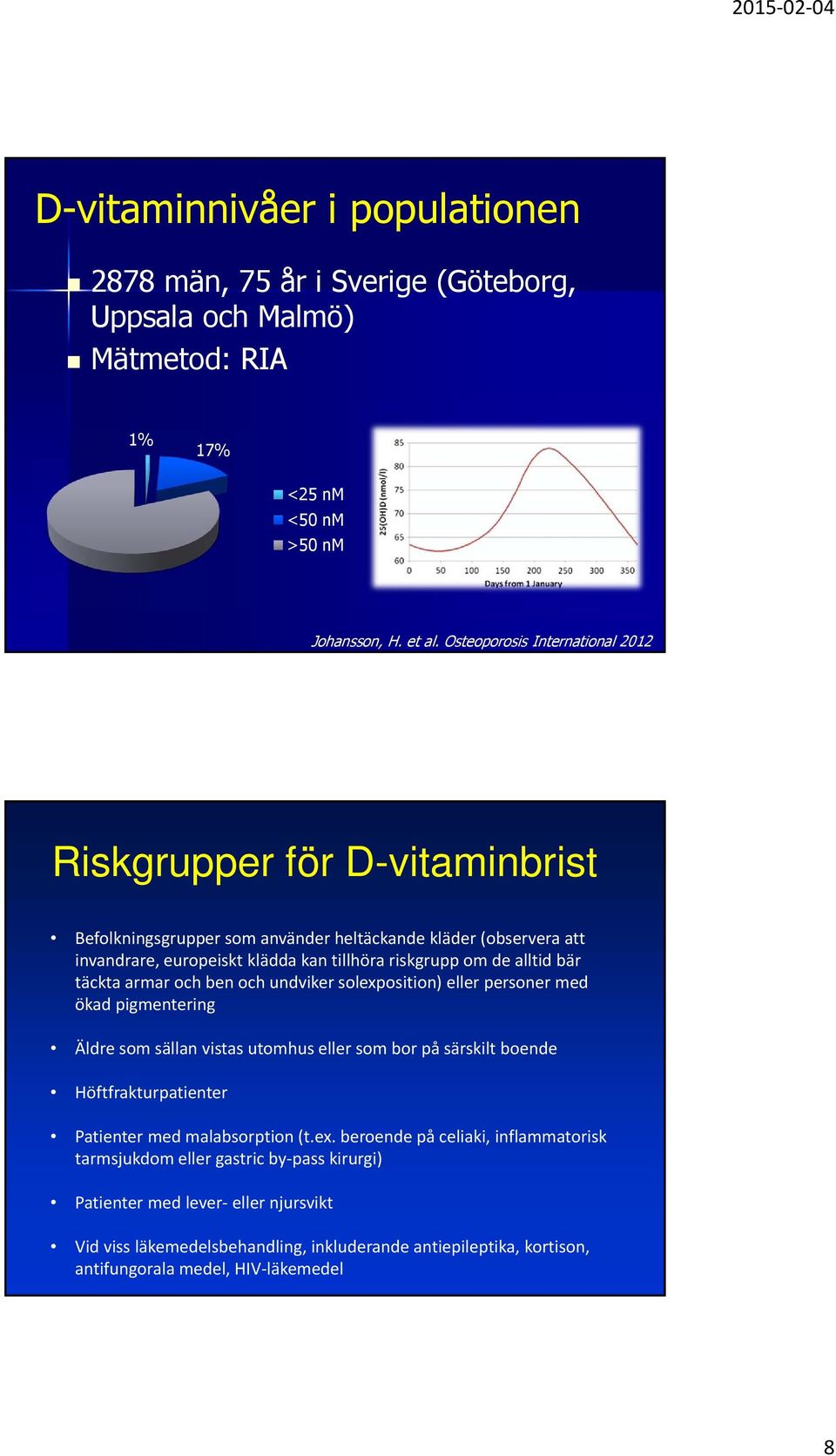 bär täckta armar och ben och undviker solexposition) eller personer med ökad pigmentering Äldre som sällan vistas utomhus eller som bor på särskilt boende Höftfrakturpatienter Patienter med