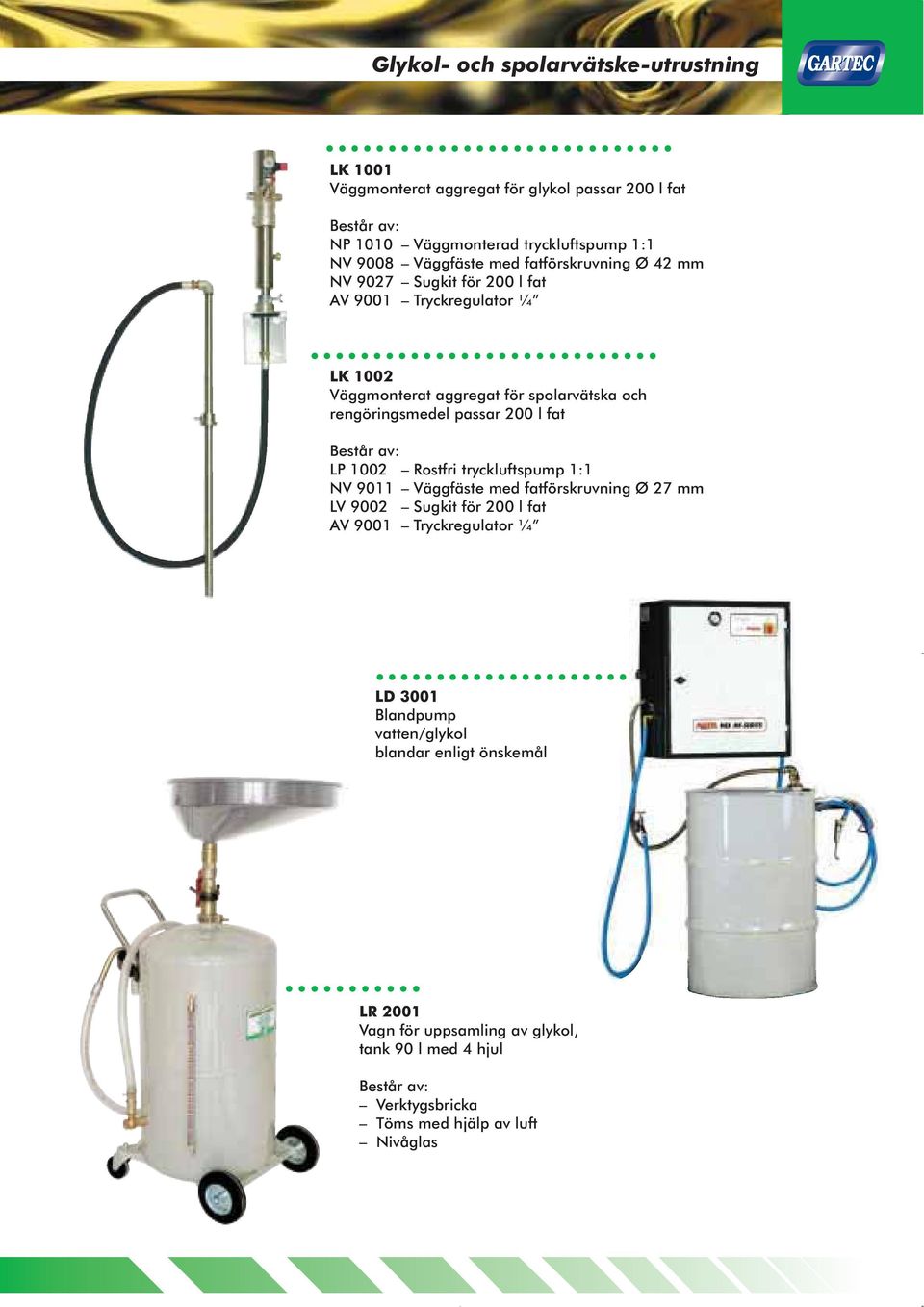 passar 200 l fat LP 1002 Rostfri tryckluftspump 1:1 NV 9011 Väggfäste med fatförskruvning Ø 27 mm LV 9002 Sugkit för 200 l fat AV 9001 Tryckregulator ¼