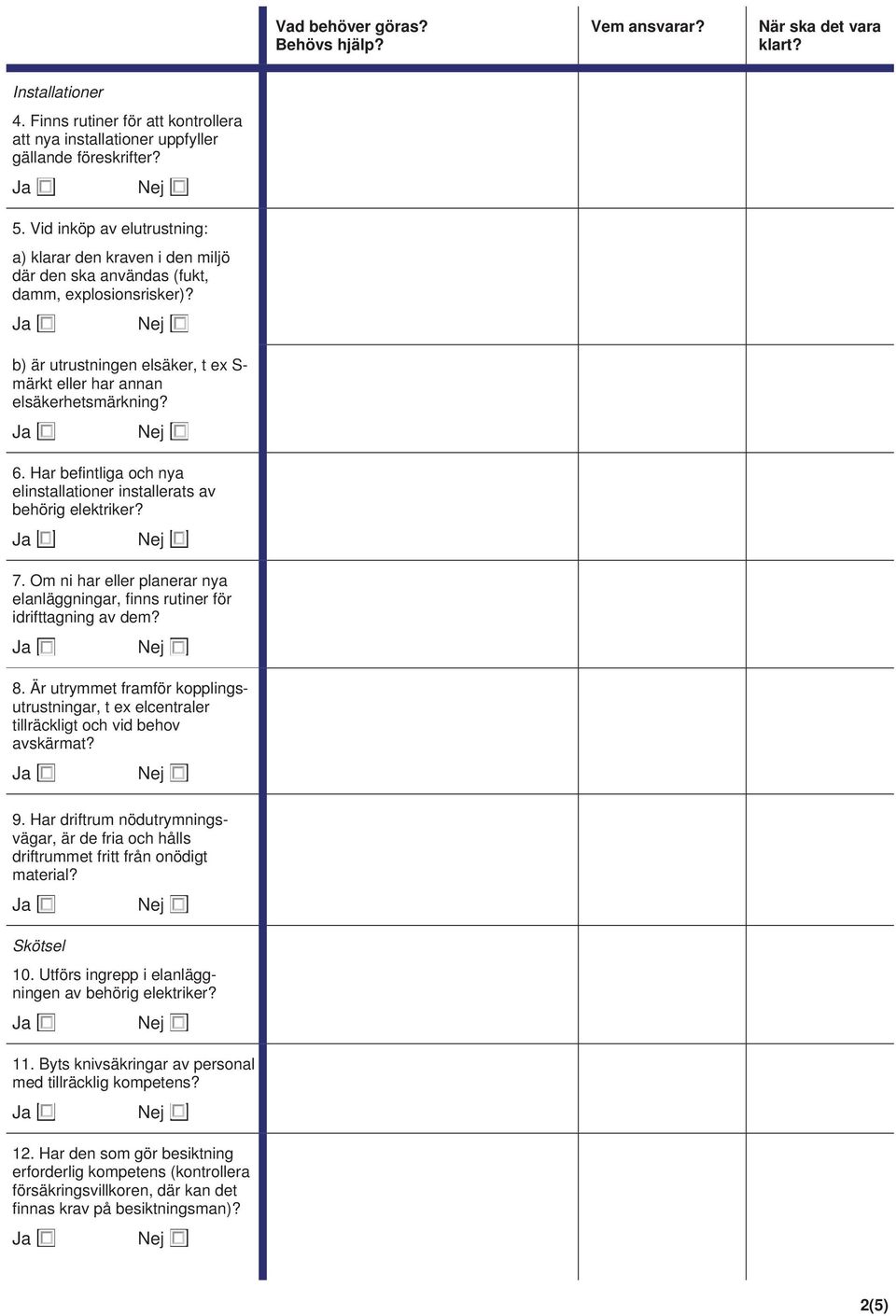 Har befintliga och nya elinstallationer installerats av behörig elektriker? 7. Om ni har eller planerar nya elanläggningar, finns rutiner för idrifttagning av dem? 8.