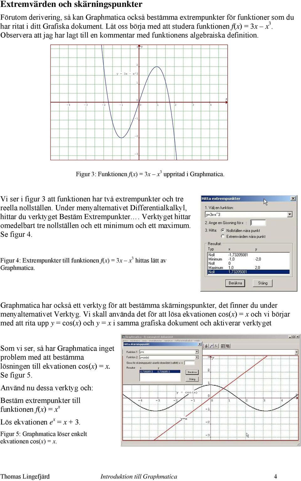 3 = 3 - ^3 1-4 -3 - -1 1 3 4-1 - -3 Figur 3: Funktionen f() = 3 3 uppritad i Graphmatica. Vi ser i figur 3 att funktionen har två etrempunkter och tre reella nollställen.