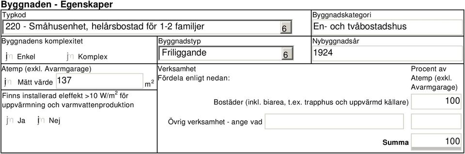 Avarmgarage) i Mätt värde 137 m 2 Finns installerad eleffekt >10 W/m 2 för uppvärmning och varmvattenproduktion Byggnadstyp