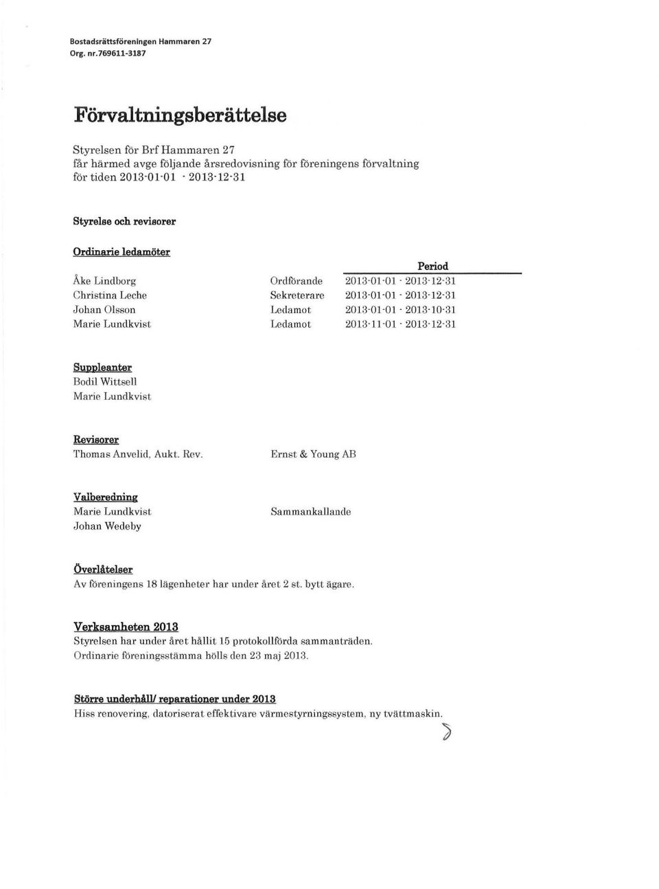 ledaöter Åke Lindborg Christina Leche Johan Olsson Marie Lndkvist Ordförande sekreterare Ledaot Ledaot Period 2013-01-01-2013-12-31 2013-01-01-2013 12-31 2013-01-01-2013-10-31 2013 1l-01-2013 12-31