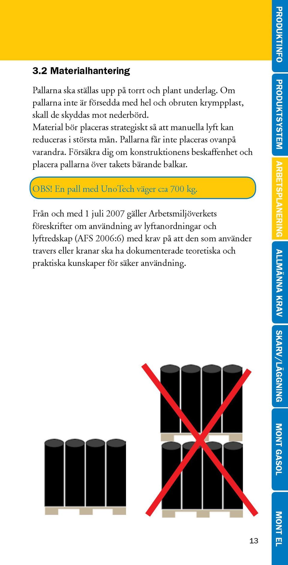 Försäkra dig om konstruktionens beskaffenhet och placera pallarna över takets bärande balkar. OBS! En pall med UnoTech väger c:a 700 kg.