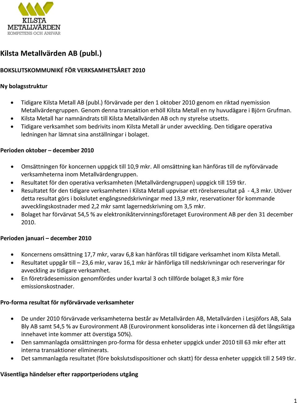 Kilsta Metall har namnändrats till Kilsta Metallvärden AB och ny styrelse utsetts. Tidigare verksamhet som bedrivits inom Kilsta Metall är under avveckling.