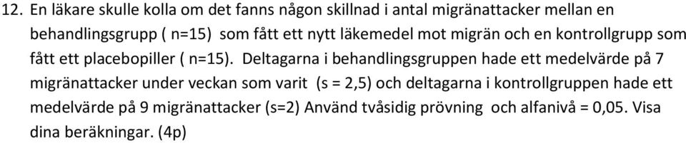 Deltagarna i behandlingsgruppen hade ett medelvärde på 7 migränattacker under veckan som varit (s = 2,5) och