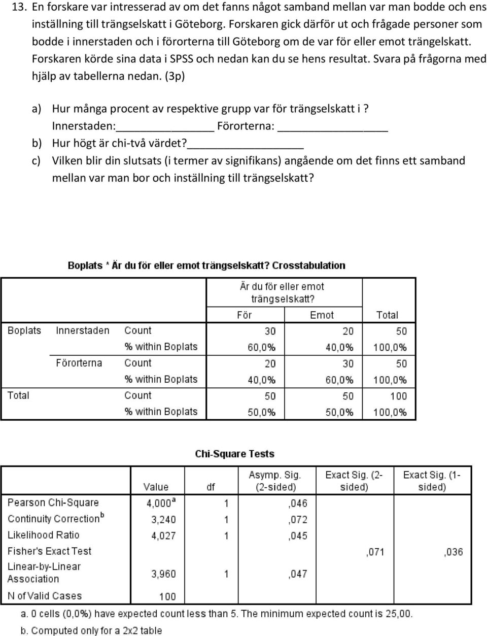 Forskaren körde sina data i SPSS och nedan kan du se hens resultat. Svara på frågorna med hjälp av tabellerna nedan.