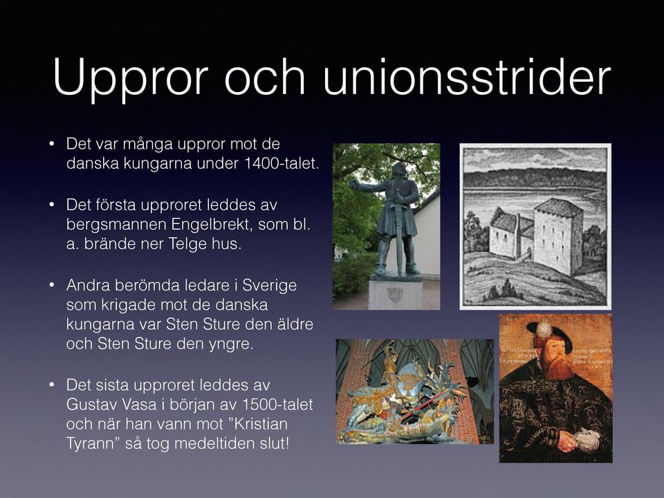 Andra berömda ledare i Sverige som krigade mot de danska kungarna var Sten Sture den äldre och Sten