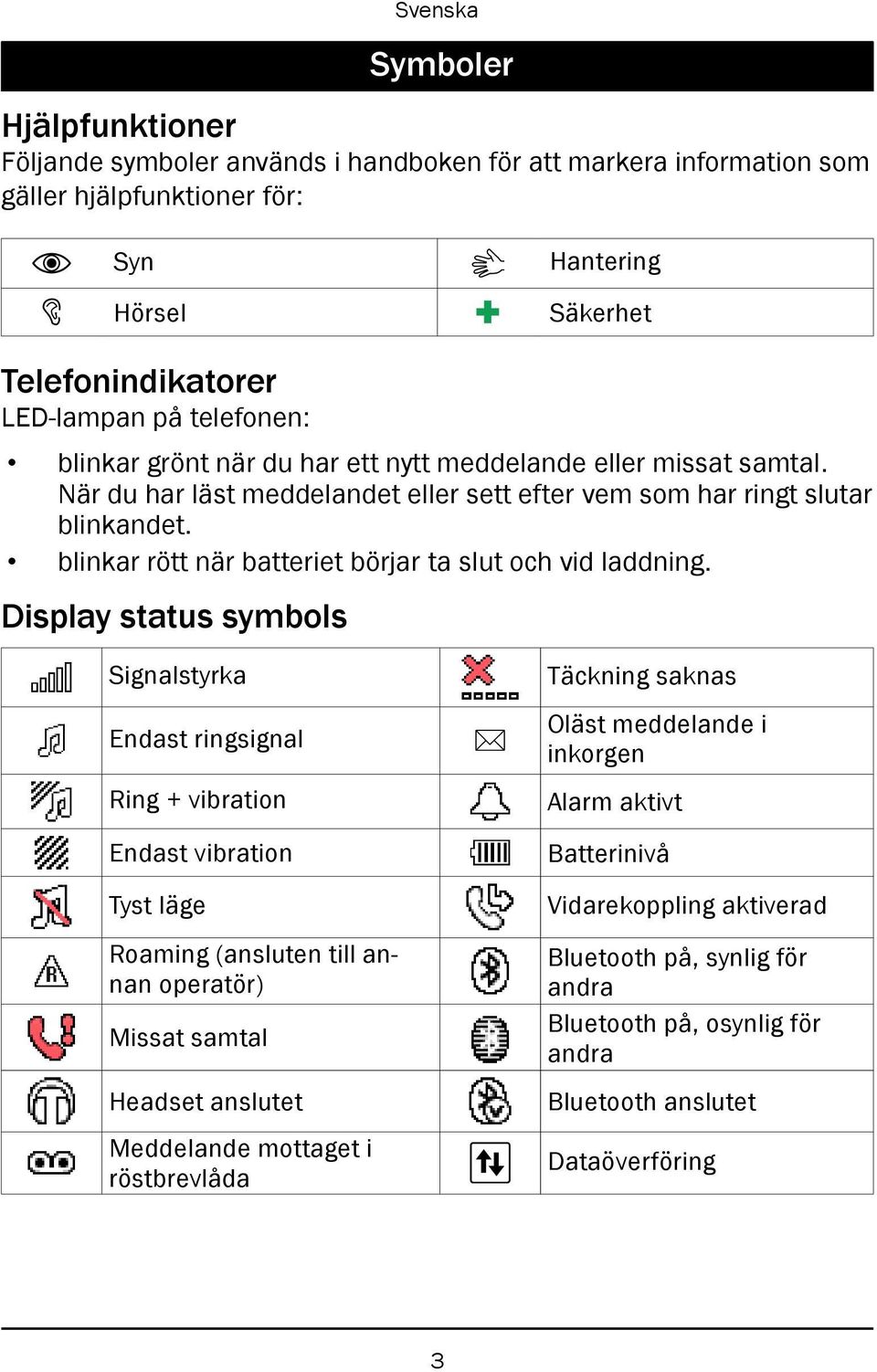 blinkar rött när batteriet börjar ta slut och vid laddning.