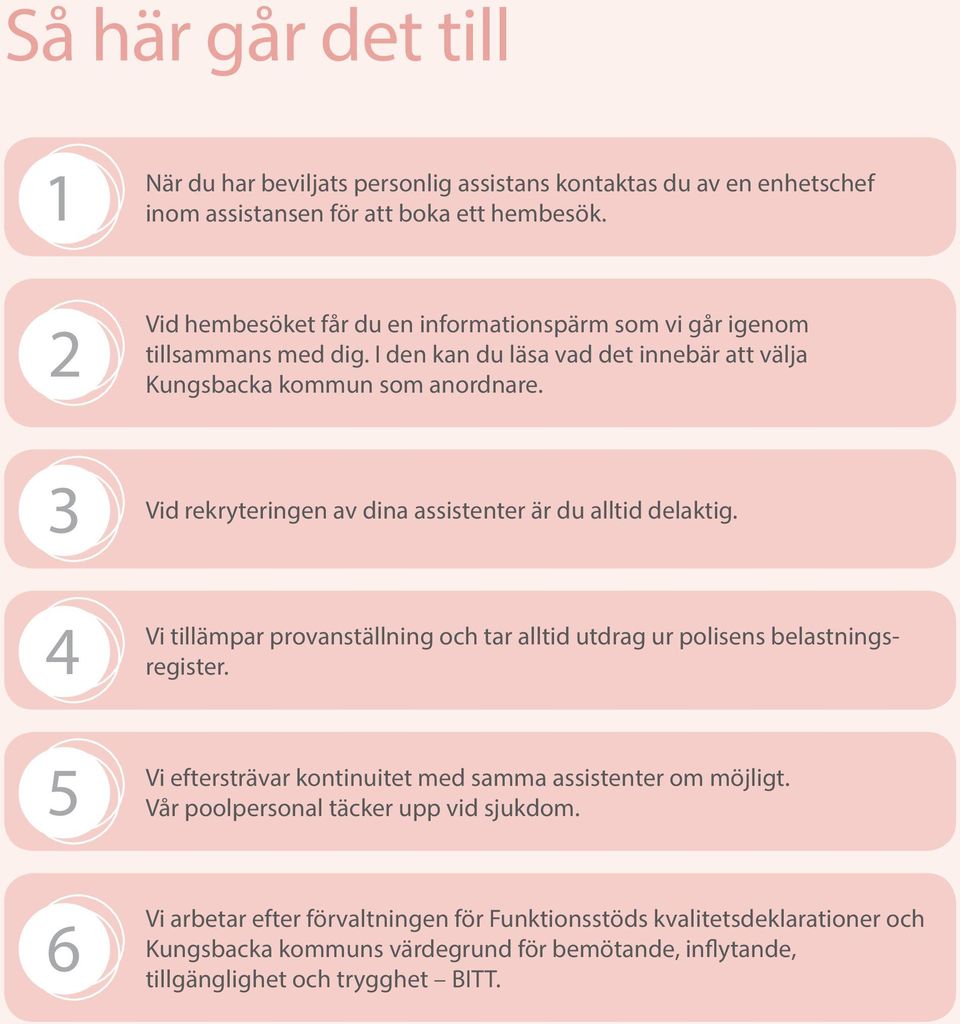 3 4 5 Vid rekryteringen av dina assistenter är du alltid delaktig. Vi tillämpar provanställning och tar alltid utdrag ur polisens belastningsregister.