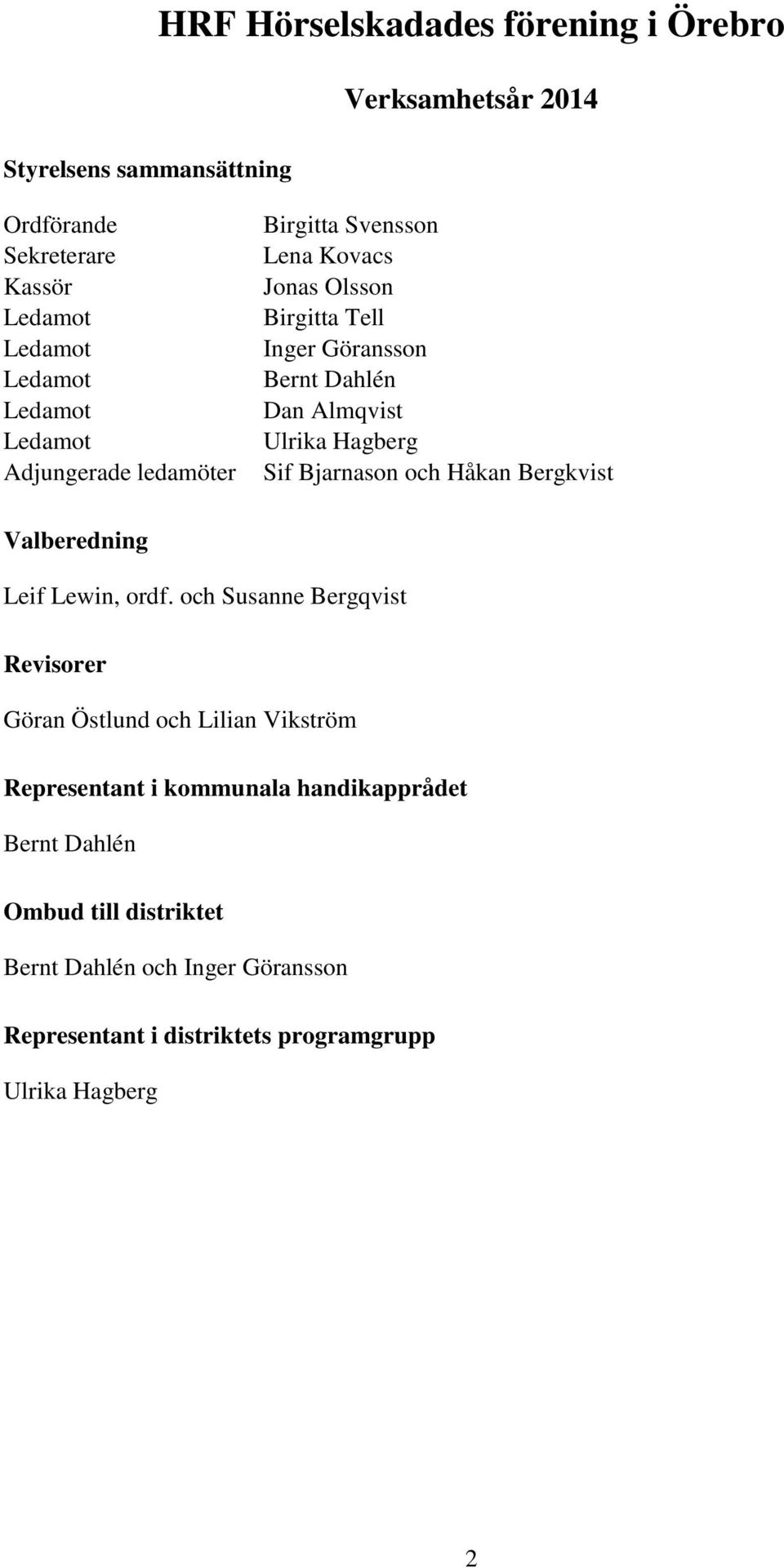 Håkan Bergkvist Valberedning Leif Lewin, ordf.