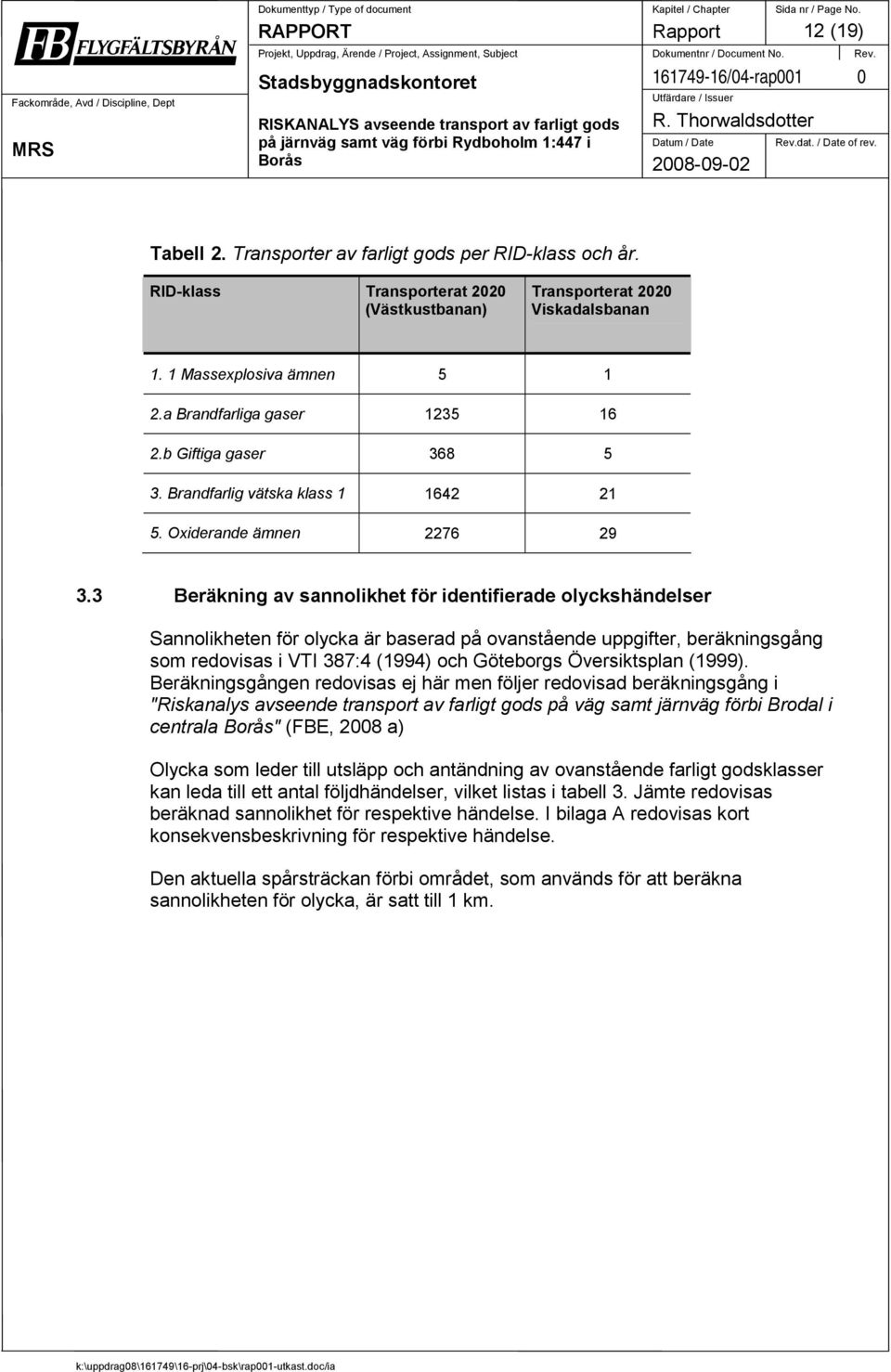 3 Beräkning av sannolikhet för identifierade olyckshändelser Sannolikheten för olycka är baserad på ovanstående uppgifter, beräkningsgång som redovisas i VTI 387:4 (1994) och Göteborgs Översiktsplan