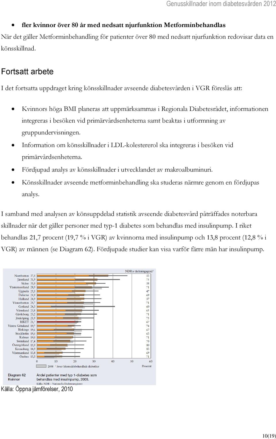 Fortsatt arbete I det fortsatta uppdraget kring könsskillnader avseende diabetesvården i VGR föreslås att: Kvinnors höga BMI planeras att uppmärksammas i Regionala Diabetesrådet, informationen