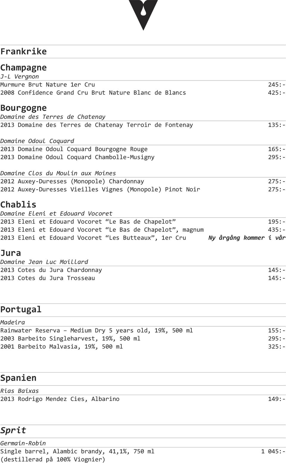 Auxey- Duresses (Monopole) Chardonnay 275:- 2012 Auxey- Duresses Vieilles Vignes (Monopole) Pinot Noir 275:- Chablis Domaine Eleni et Edouard Vocoret 2013 Eleni et Edouard Vocoret Le Bas de Chapelot
