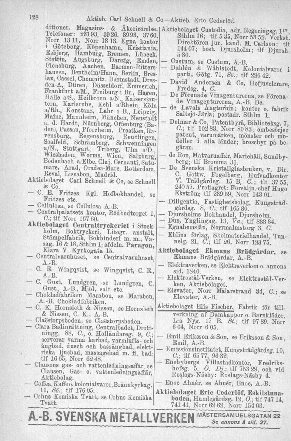 , Stettin, Augsburg, Danzig, Emden, Custum, se Custum, A.B. Flensburg, Aachen, Barmen Ritters Dahlån & Wåhlstedt, Kolonialvaror i hausen, BentheimlHann, Berlin, Bres. parti, Götg. 71, Sö.; tlf 22642.