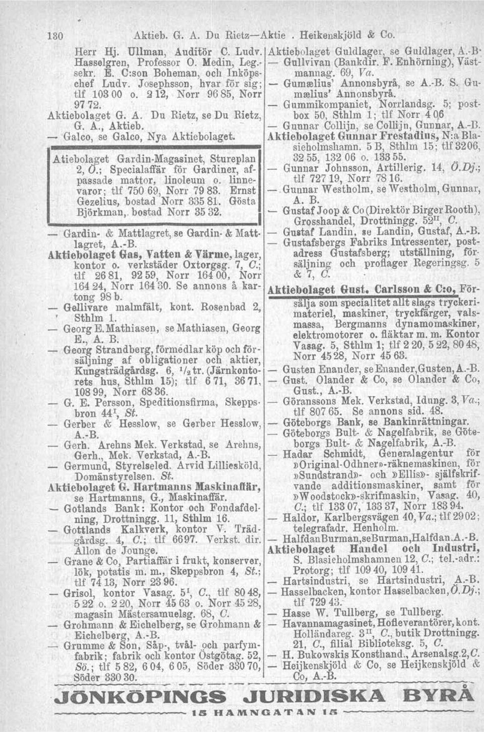 9772.. Gummikompaniet, Norrlandsg. 5; post Aktiebolaget G. A. Du Rietz, se Du Rietz, box 50, Sthlm 1; tlf Norr 4 q,6 G. A., Aktieb.' Gunnar Collijn, se Collijn, Gunnar, A.B.