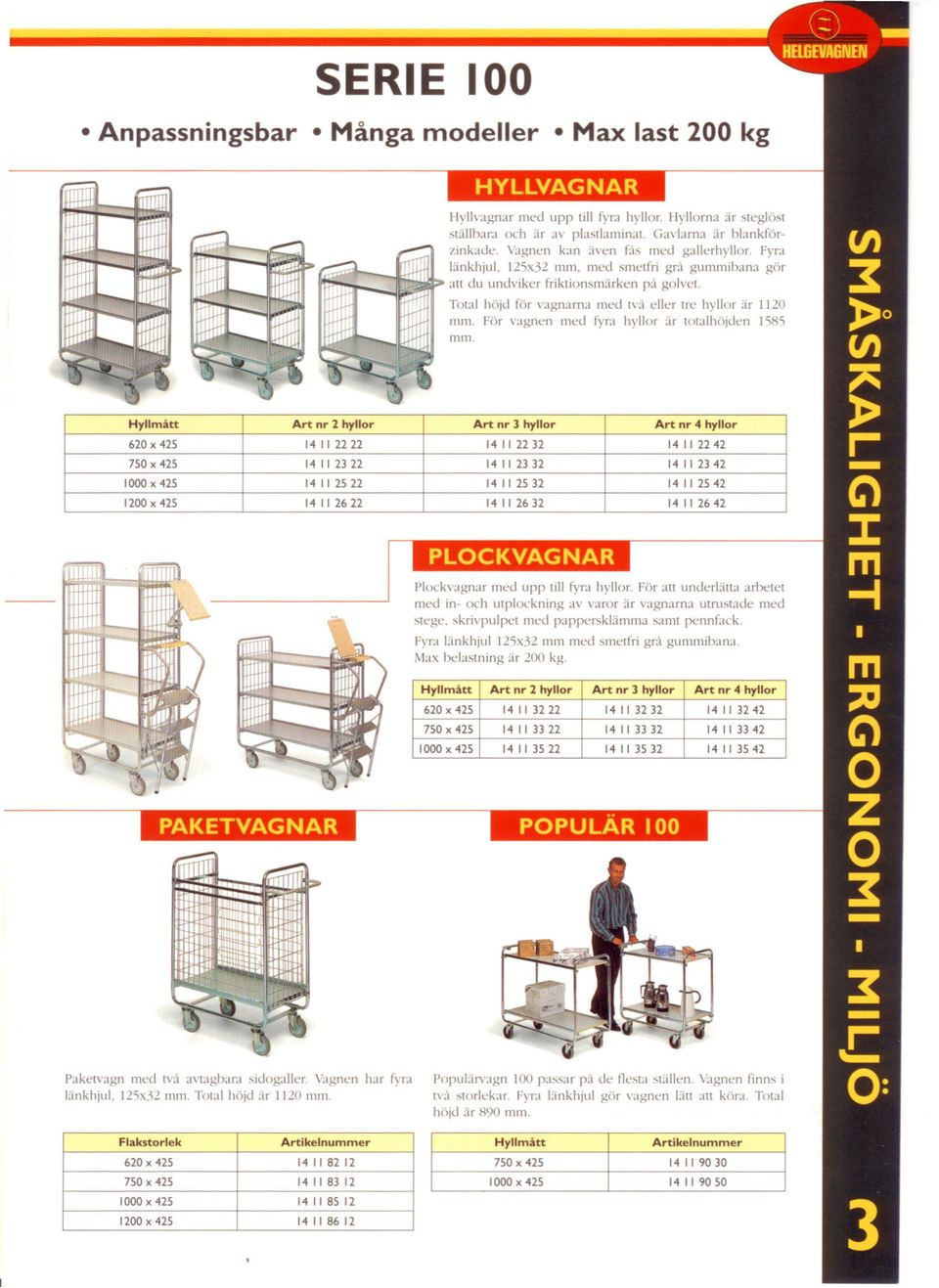 För vagnen med fyra hyllor ;ir totalhöjden 1585 mm. Art 14112232 14112642 14112542 14112342 Art nr II II 2 nr 2222 hyllor 322 4 22 32 42 hyllor Plockvagnar med upp till fyra hyllor.