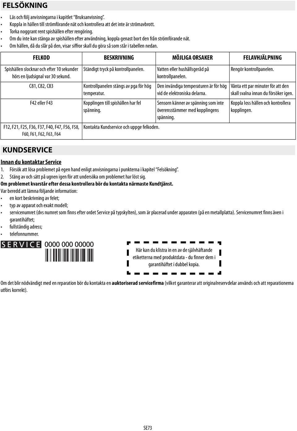 FELKOD BESKRIVNING MÖJLIGA ORSAKER FELAVHJÄLPNING Spishällen slocknar och efter 10 sekunder Ständigt tryck på kontrollpanelen. hörs en ljudsignal var 30 sekund.