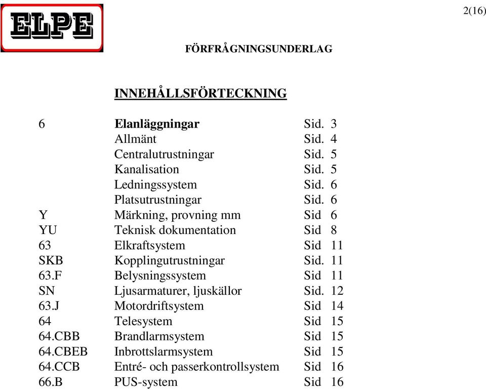 6 Y Märkning, provning mm Sid 6 YU Teknisk dokumentation Sid 8 63 Elkraftsystem Sid 11 SKB Kopplingutrustningar Sid. 11 63.