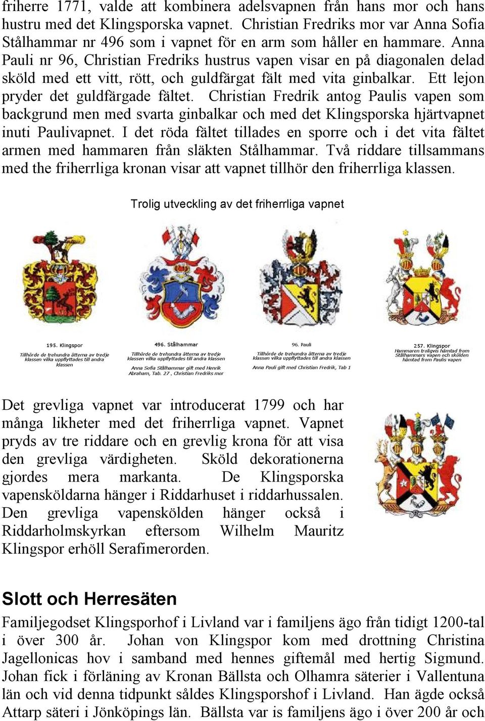 Anna Pauli nr 96, Christian Fredriks hustrus vapen visar en på diagonalen delad sköld med ett vitt, rött, och guldfärgat fält med vita ginbalkar. Ett lejon pryder det guldfärgade fältet.