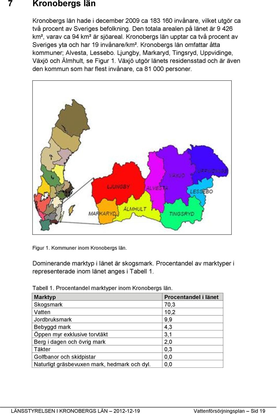 Ljungby, Markaryd, Tingsryd, Uppvidinge, Växjö och Älmhult, se Figur 1. Växjö utgör länets residensstad och är även den kommun som har flest invånare, ca 81 000 personer. Figur 1. Kommuner inom Kronobergs län.