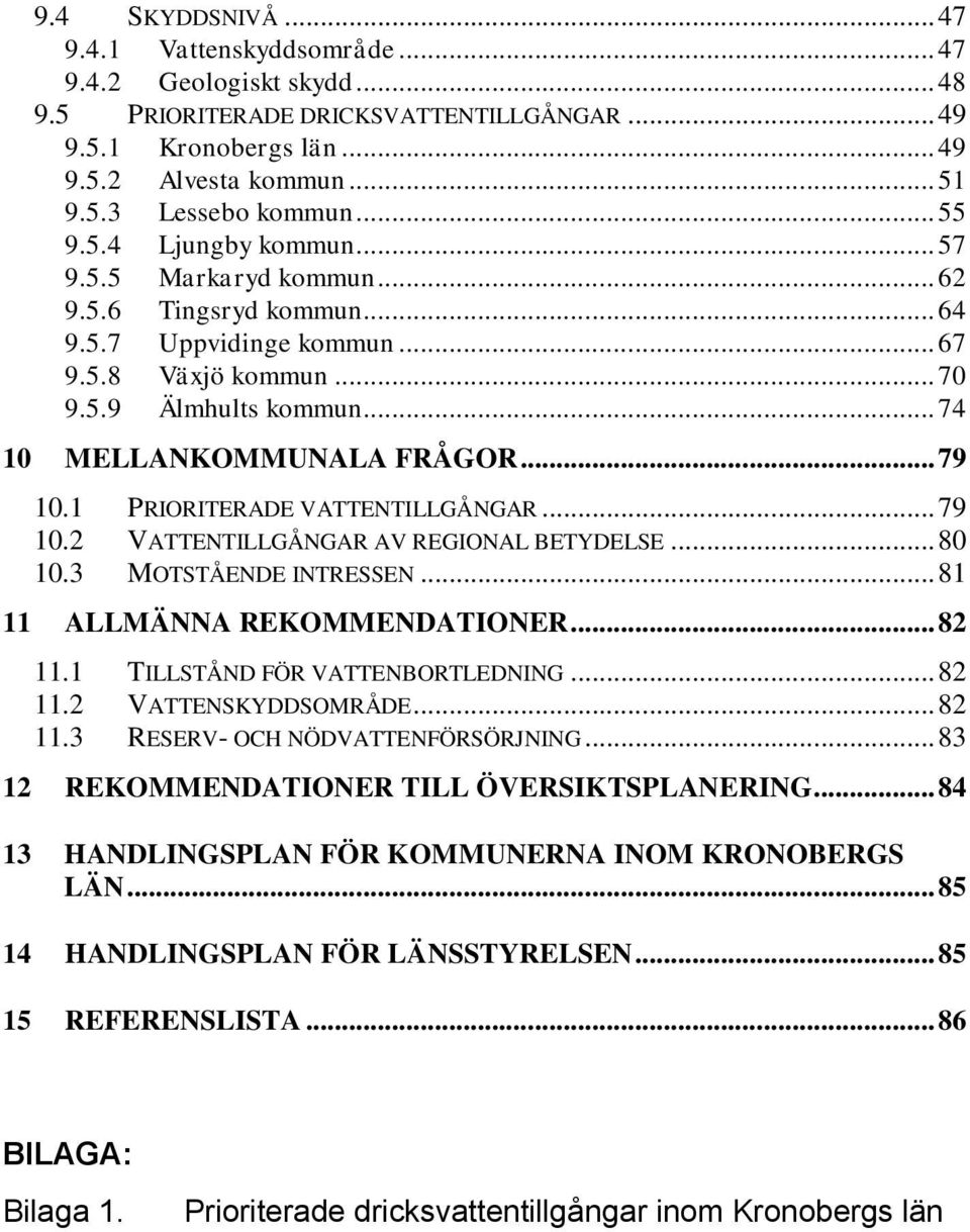 .. 79 10.1 PRIORITERADE VATTENTILLGÅNGAR... 79 10.2 VATTENTILLGÅNGAR AV REGIONAL BETYDELSE... 80 10.3 MOTSTÅENDE INTRESSEN... 81 11 ALLMÄNNA REKOMMENDATIONER... 82 11.