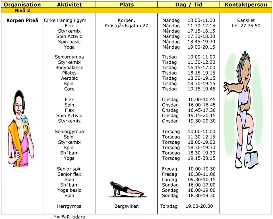 30 Bodybalance Tisdag 16.15-17.00 Pilates Tisdag 18.15-19.15 Aerobic Tisdag 18.30-19.15 Spin Tisdag 18.30-19.15 Core Tisdag 19.15-19.45 Flex Onsdag 10.00-10.45 Spin Onsdag 16.00-16.45 Flex Onsdag 16.