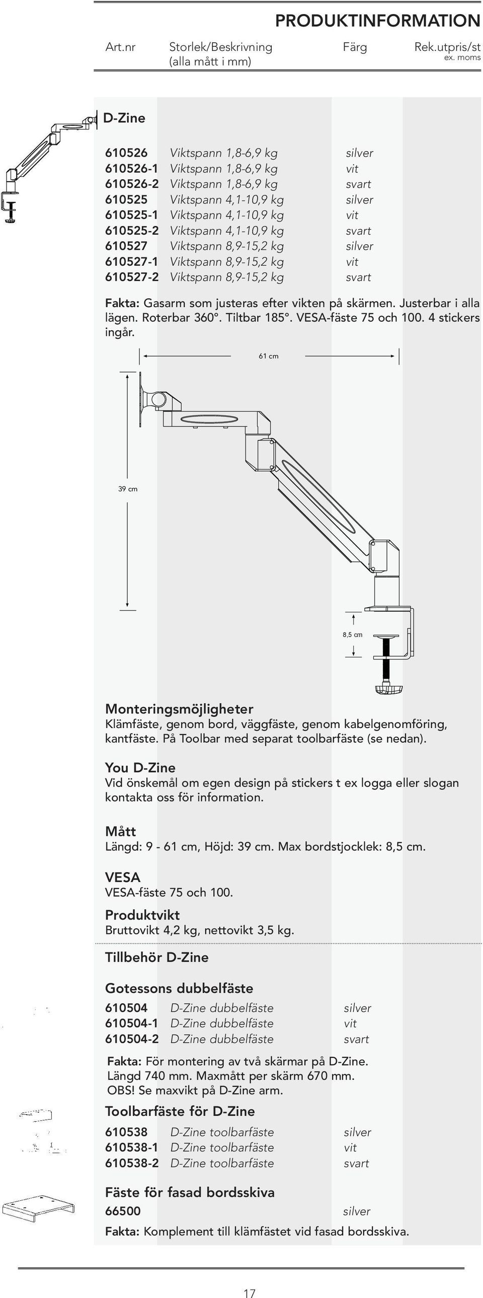 VESA-fäste 75 och 100. 4 stickers ingår. 61 cm 39 cm 8,5 cm Monteringsmöjligheter Klämfäste, genom bord, väggfäste, genom kabelgenomföring, kantfäste. På Toolbar med separat toolbarfäste (se nedan).