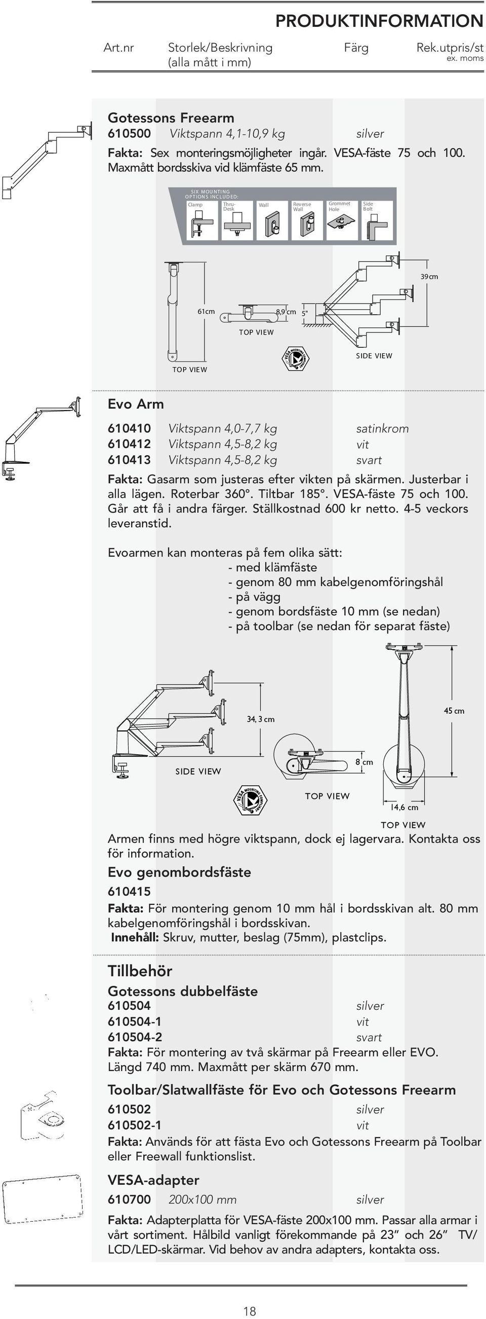 SIX MOUNTING OPTIONS INCLUDED: Clamp Thru- Desk Wall Reverse Wall Grommet Hole Side Bolt 39 cm 61cm 8,9 cm 5" TOP VIEW TOP VIEW SIDE VIEW Evo Arm 610410 610412 610413 Viktspann 4,0-7,7 kg Viktspann