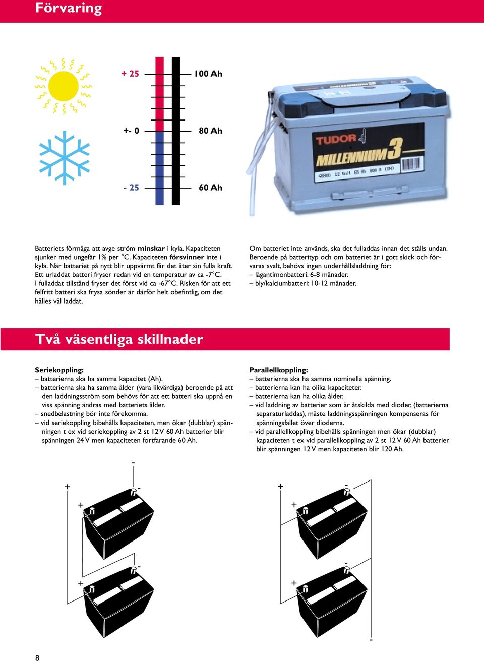 Risken för att ett felfritt batteri ska frysa sönder är därför helt obefintlig, om det hålles väl laddat. Om batteriet inte används, ska det fulladdas innan det ställs undan.