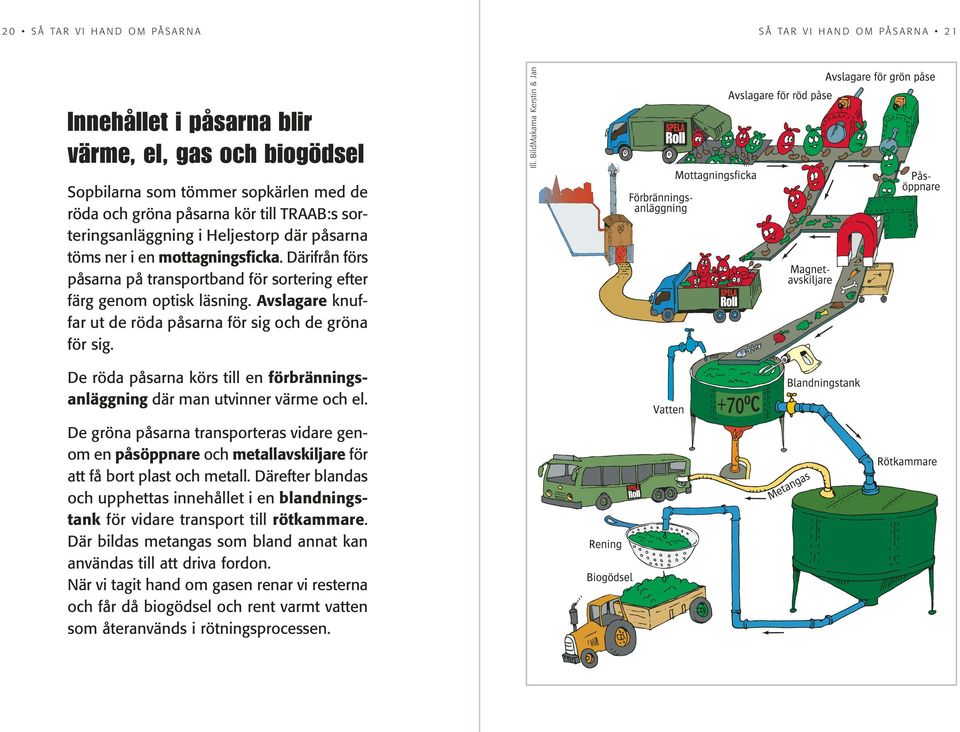 Därifrån förs påsarna på transportband för sortering efter färg genom optisk läsning. Avslagare knuffar ut de röda påsarna för sig och de gröna för sig.