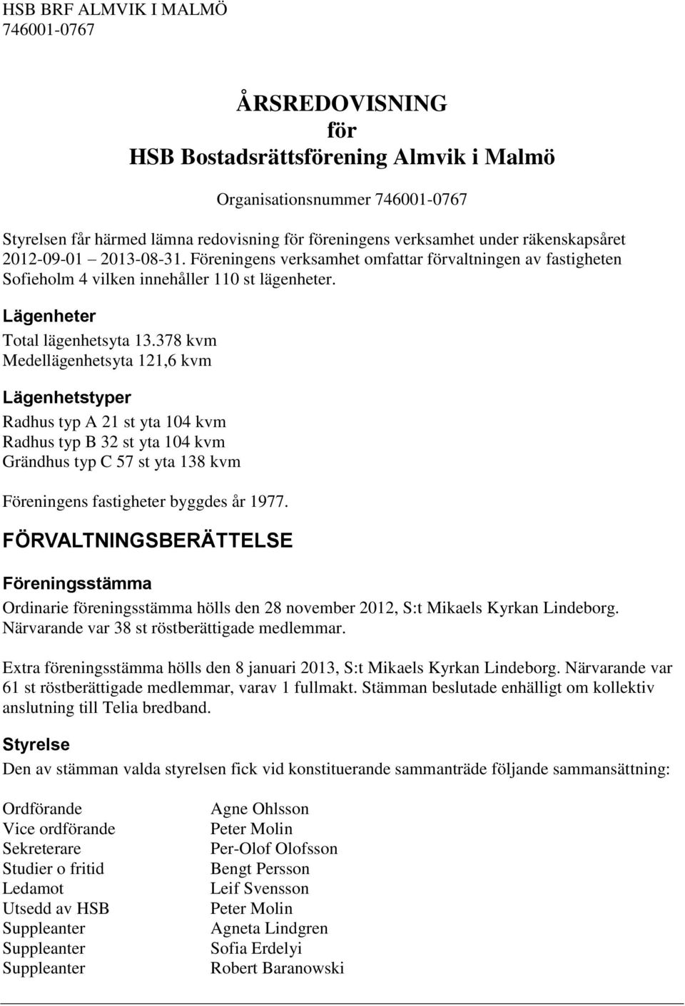 378 kvm Medellägenhetsyta 121,6 kvm Lägenhetstyper Radhus typ A 21 st yta 104 kvm Radhus typ B 32 st yta 104 kvm Grändhus typ C 57 st yta 138 kvm Föreningens fastigheter byggdes år 1977.