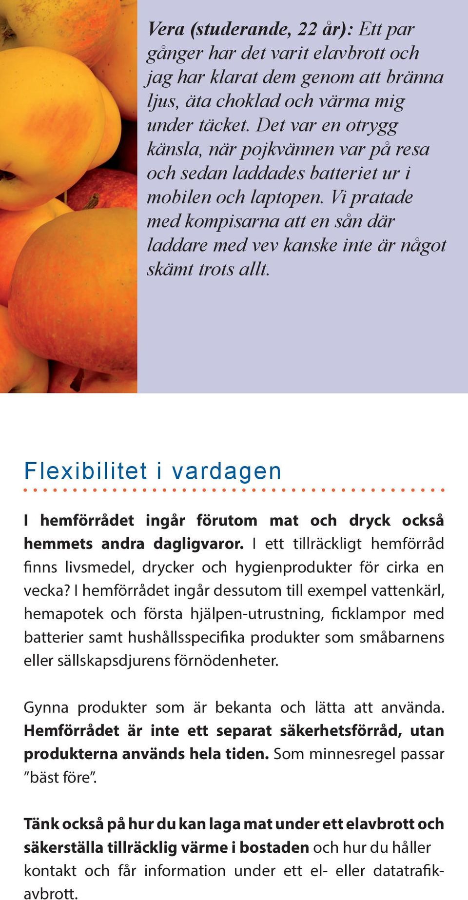 Vi pratade med kompisarna att en sån där laddare med vev kanske inte är något skämt trots allt. Flexibilitet i vardagen I hemförrådet ingår förutom mat och dryck också hemmets andra dagligvaror.