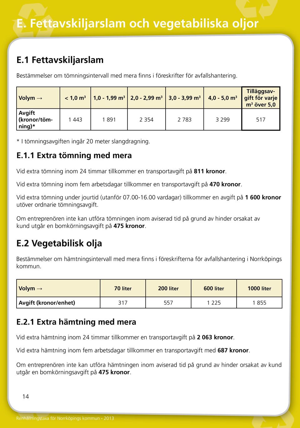 meter slangdragning. E.1.1 Extra tömning med mera Vid extra tömning inom 24 timmar tillkommer en transportavgift på 811 kronor.