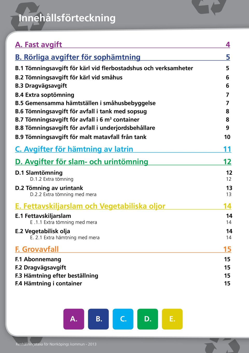 8 Tömningsavgift för avfall i underjordsbehållare 9 B.9 Tömningsavgift för malt matavfall från tank 10 C. Avgifter för hämtning av latrin 11 D. Avgifter för slam- och urintömning 12 D.