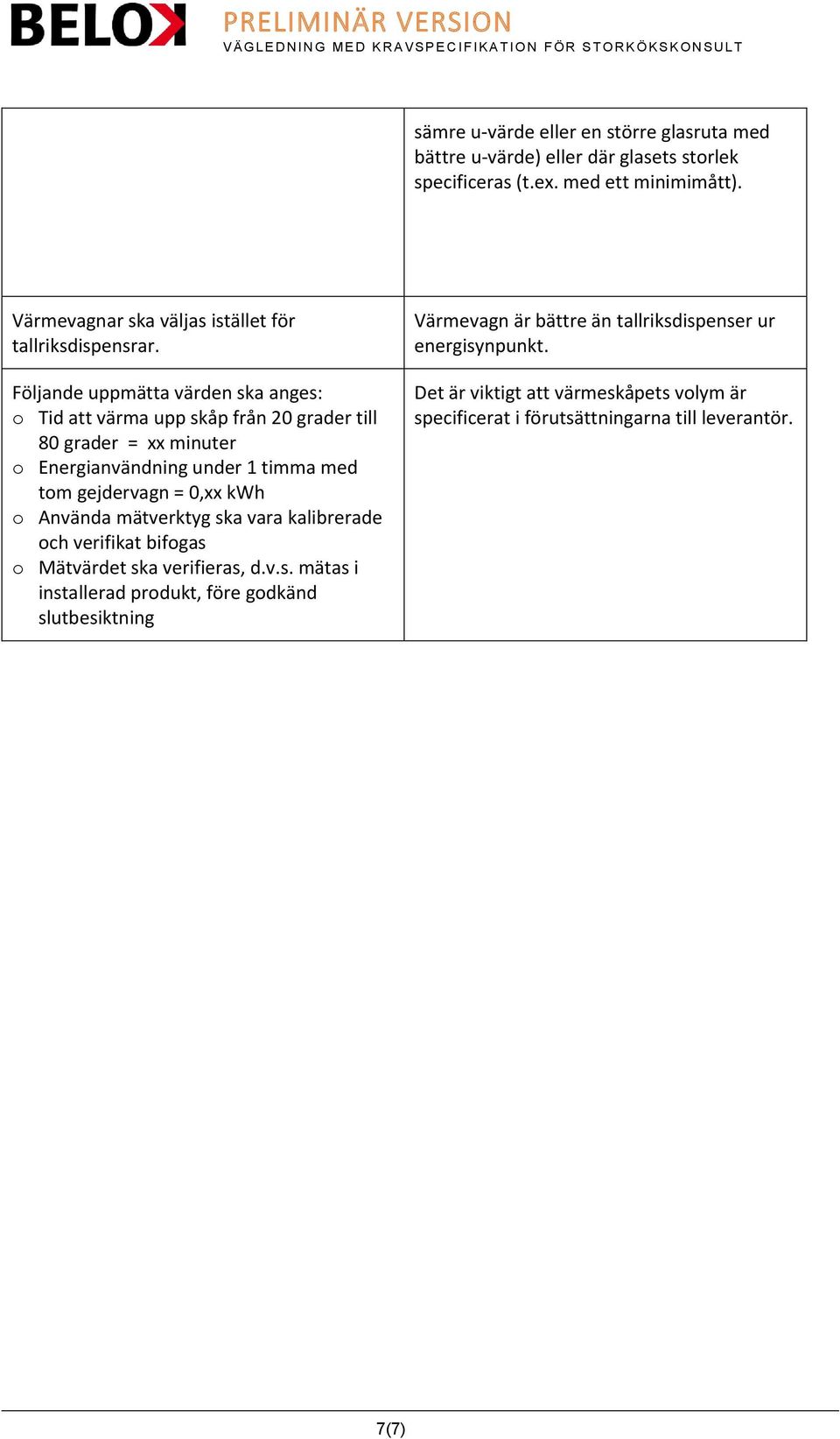 Följande uppmätta värden ska anges: o Tid att värma upp skåp från 20 grader till 80 grader = xx minuter o Energianvändning under 1 timma med tom gejdervagn = 0,xx