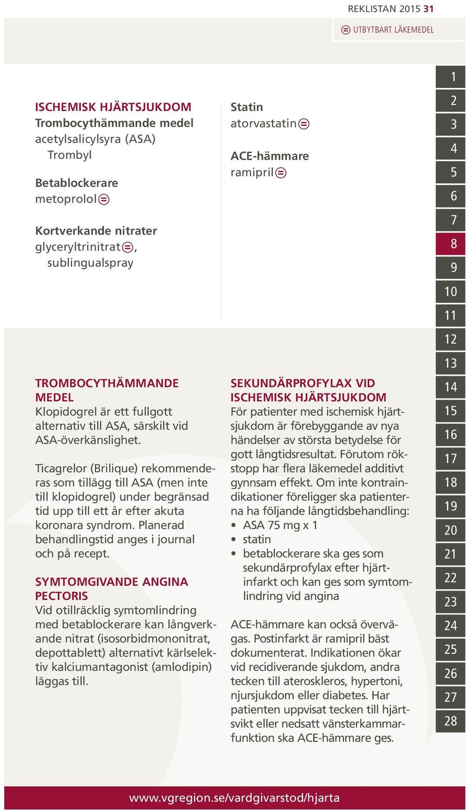 Ticagrelor (Brilique) rekommenderas som tillägg till ASA (men inte till klopidogrel) under begränsad tid upp till ett år efter akuta koronara syndrom.