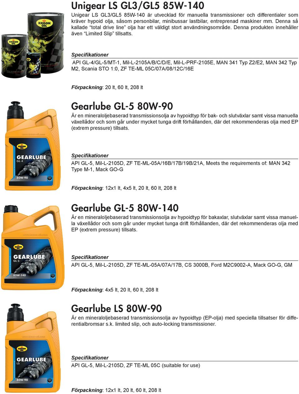 API GL-4/GL-5/MT-1, Mil-L-2105A/B/C/D/E, Mil-L-PRF-2105E, MAN 341 Typ Z2/E2, MAN 342 Typ M2, Scania STO 1:0, ZF TE-ML 05C/07A/08/12C/16E Gearlube GL-5 80W-90 Är en mineraloljebaserad