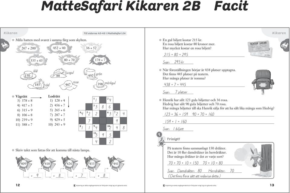 grön rosa mörkgul + Lodrätt ) + ) + ) + ) + ) + ) + + + + biljett På teatern finns sammanlagt dräkter. Det är fler damdräkter än herrdräkter. Hur många dräkter är det av varje sort?