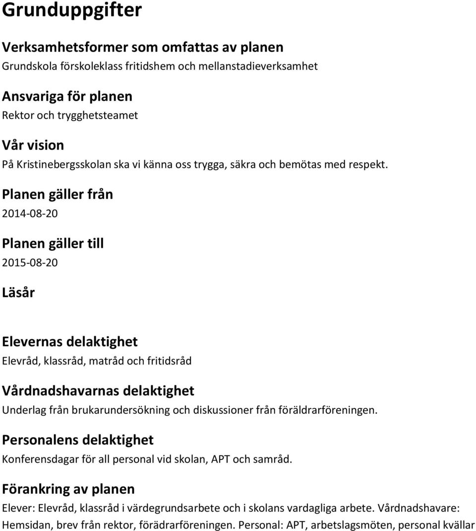 Planen gäller från 2014-08-20 Planen gäller till 2015-08-20 Läsår Elevernas delaktighet Elevråd, klassråd, matråd och fritidsråd Vårdnadshavarnas delaktighet Underlag från brukarundersökning och