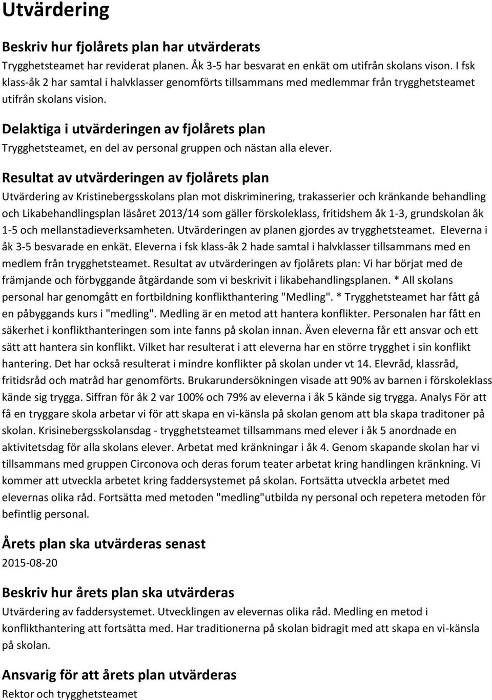 Delaktiga i utvärderingen av fjolårets plan Trygghetsteamet, en del av personal gruppen och nästan alla elever.