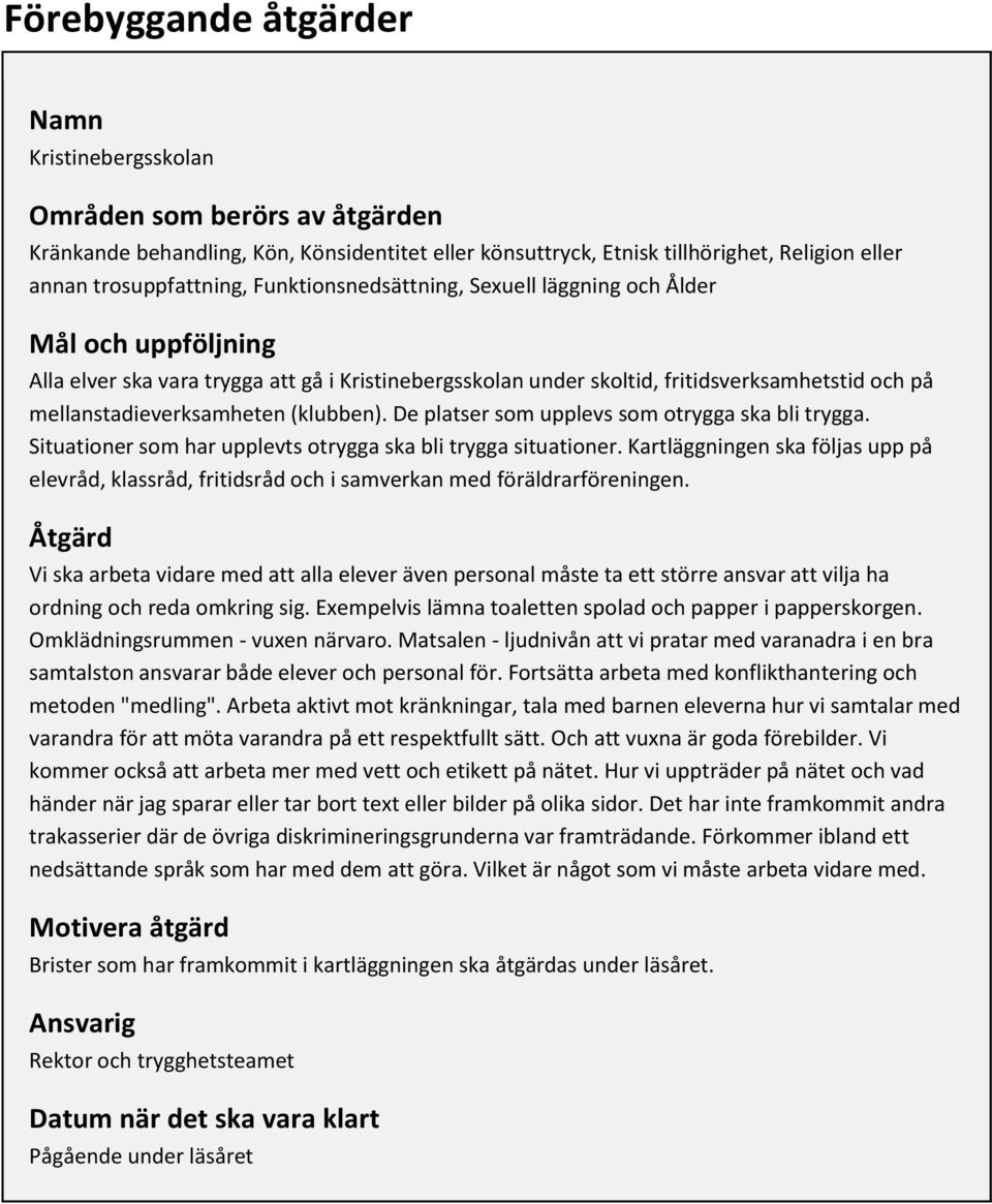 (klubben). De platser som upplevs som otrygga ska bli trygga. Situationer som har upplevts otrygga ska bli trygga situationer.