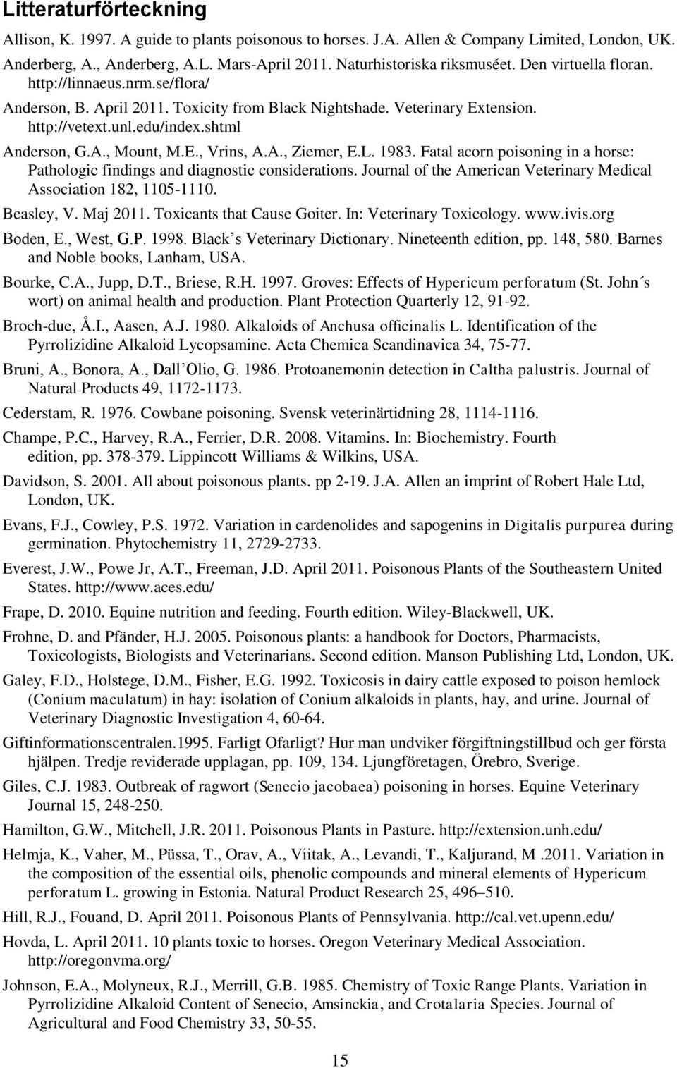 A., Ziemer, E.L. 1983. Fatal acorn poisoning in a horse: Pathologic findings and diagnostic considerations. Journal of the American Veterinary Medical Association 182, 1105-1110. Beasley, V. Maj 2011.